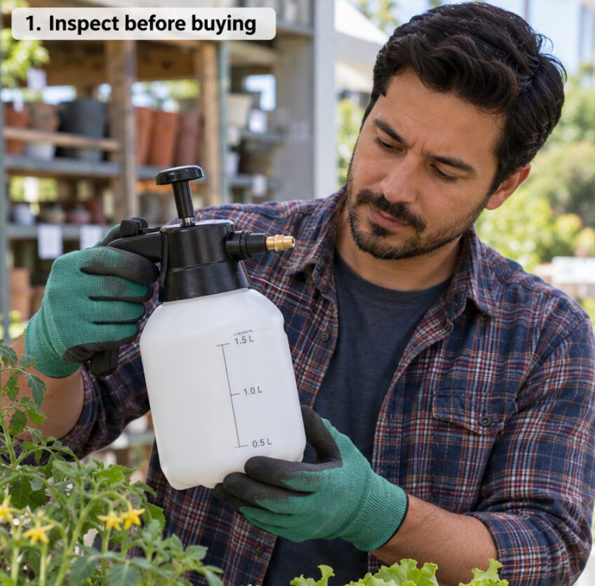 Inspect the tank, pump and nozzle before selecting a handheld garden sprayer